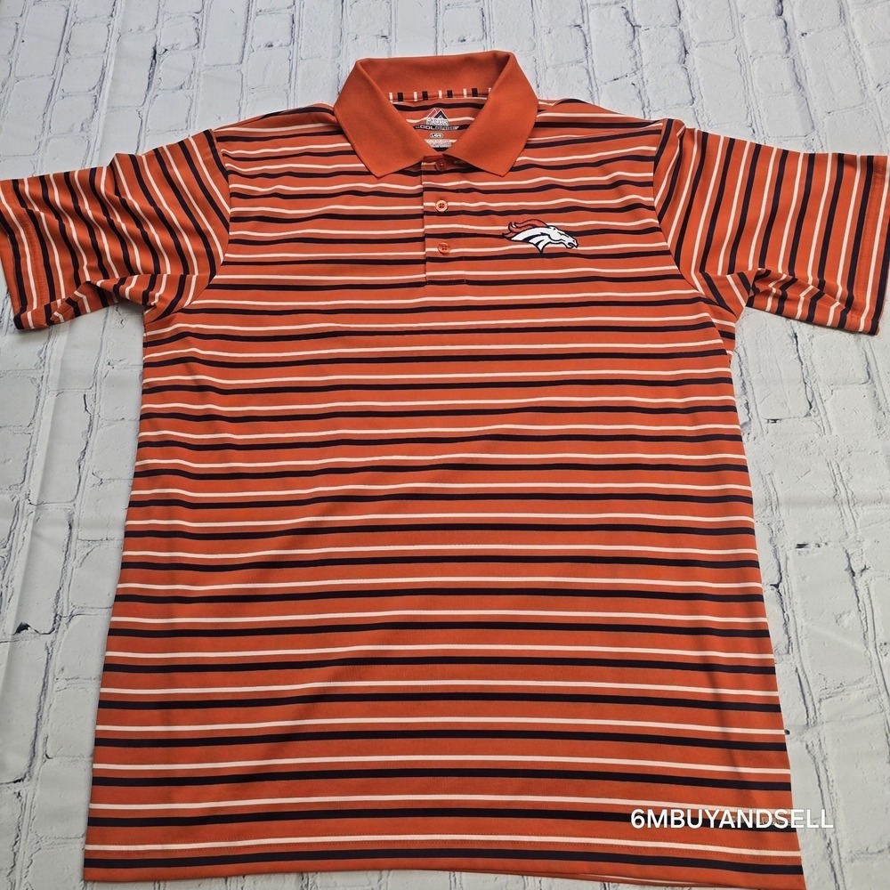 Majestic Denver Broncos Mens Large‎ Cool Base Striped Polo Shirt Orange KFAL